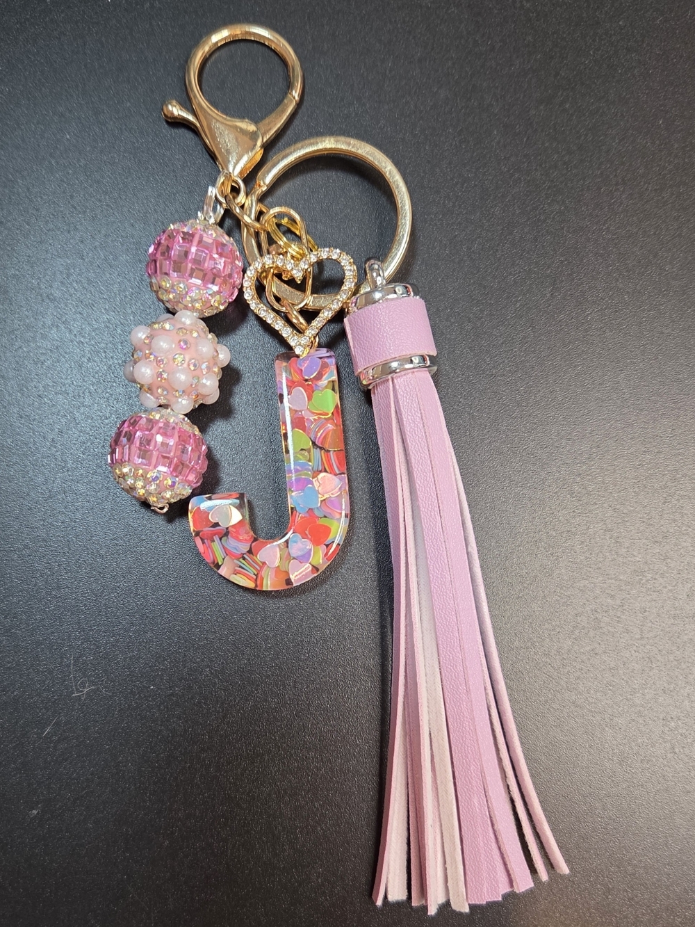 Personalized Handmade 'J' Tassel Keychain Charm with Sparkly Beads in Pink